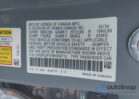 2024 Honda Civic Sport из США, поврежденный, VIN 2HGFE2F55RH559712